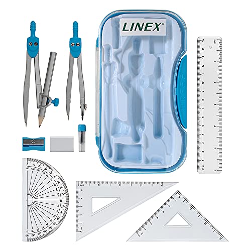 Linex Blue Geometry Set, Maths GCSE, Secondary School Set, 10 Pieces, Compasses, Protractor