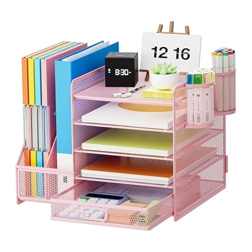 HurtSong Desk Organizers and Accessories with File Holder, 5-Tier Desk Accessories & Workspace Organizers with Drawer and 2 Pen Holder, Paper Organizer for Office Supplies(Pink)
