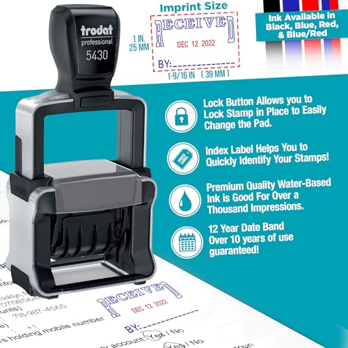 Trodat 5430 Professional Self-Inking Date Stamp with Received - Blue/Red 2 Color Ink