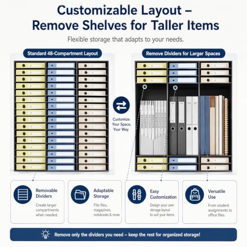 Literature Organizers | 48 Compartment Medium Oak Economical Organization | Wood Literature Sorter | Office Mailbox with Adjustable Shelves | Literature Storage Cabinet Classroom Keepers | Black