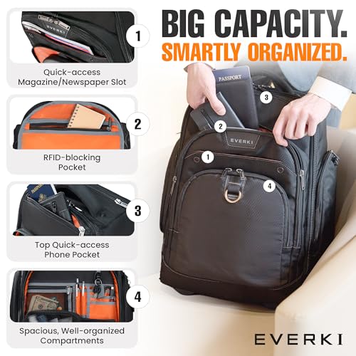 EVERKI Atlas Wheeled 2 Laptop Rolling Backpack for Men & Women, Black - 30L