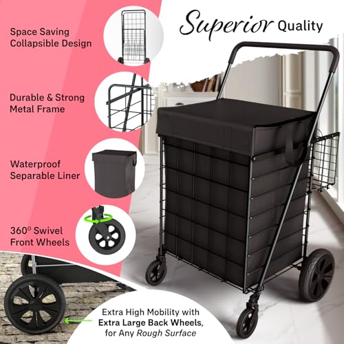 Our Modern Space Shopping Cart w/Waterproof Basket Liner & Large 360° Swivel Wheels | Foldable Collapsible & Lightweight | Perfect for Groceries Laundry Utility Cart - Black