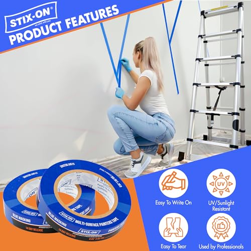 STIX-ON Painters Tape 1 inch Wide, 36 Roll Painting Tape, Blue Masking Tape for Painting Walls, DIY, Surface-Safe $ Residue-Free, Edge Paint, 0.94 Inch X 60 Yards X 36 Rolls, Bulk