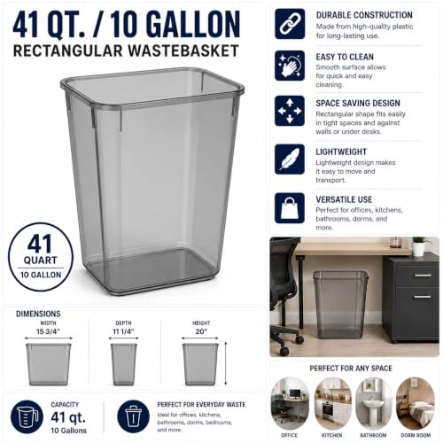 PRO&Family 9 Pack! 41 Qt. / 10 Gallon Black Rectangular Wastebasket/Little Trash Can Bathroom Trash Can Plastic Small Wastebasket Garbage Bin Small Plastic Trash Can for Office, Home, Restaurant