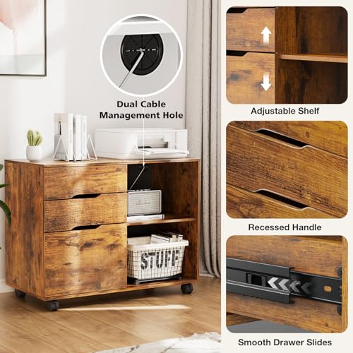 DUMOS 3-Drawer Rolling File Cabinet, Wooden Printer Stand with Storage