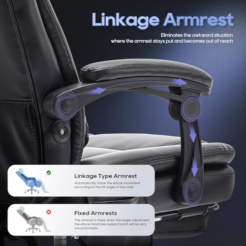 Massage Office Chair with Footrest, High Back Executive Chair, Ergonomic Desk Chair with Removable Pillow, 2 Lumbar Massage Points, Reclining, Leather Computer Chair, Black, Set of 2