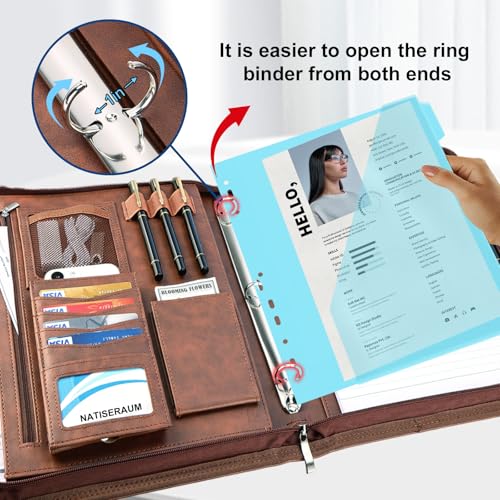 NATISERAUM Padfolio Portfolio Binder with Handle, 3-Ring Folder Organizer, Vegan Leather Portfolio with Notepad Includes 5 Dividers with 10 Pockets for Documents Filesfor Documents Files and 1 Pen