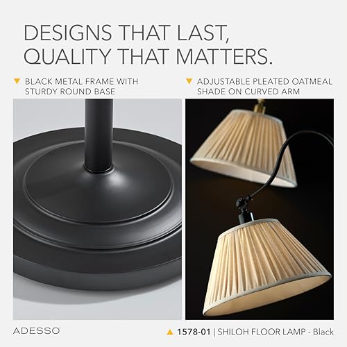 Adesso Floor Lamp, Black & Oatmeal, Pleated Shade, Curved Arm, 63”
