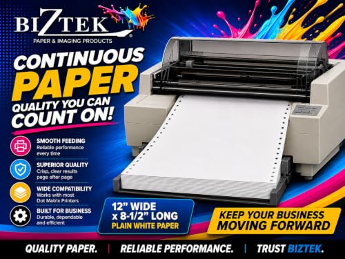 BIZTEK Continuous Computer Paper 12 x 8 1/2 Blank, White, Clean Edge 1 Part 20 lb. 92 Bright | 2700 Sheet Cartons