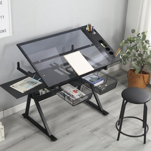 Ufyerutg Glass Drafting Table with Stool, Height Adjustable Drawing Table Art Craft Desk with Storage and Tilted Tabletop for Office School,Artists, Architects, Black