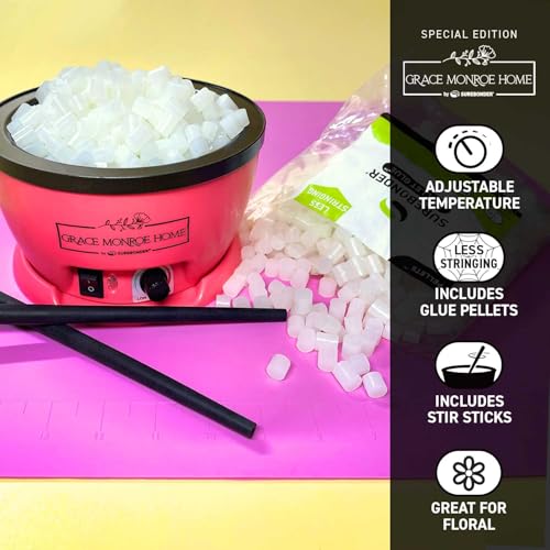 Surebonder x Grace Monroe Home Hot Glue Skillet Pot with 2 Stir Sticks, Pink Glue Mat, and Glue Pellets, 5.25-inch Diameter, 1-inch Depth, Great for Floral, Pink