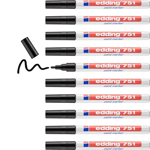 Edding 751 Paint Marker - Black - 10 Pens - Round Tip 1-2mm - Paint Marker for Labelling Metal, Glass, Rock or Plastic - Heat Resistant, Permanent and Waterproof