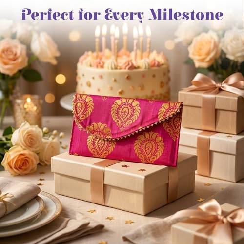 LoveNspire Brocade Fabric Money Envelopes (8 x 4 Inch) Decorative Floral Pattern Shagun Lifafa for Indian Wedding, Birthday | Cash Gift Holder & Home Savings Organizer Blue/Pack of 20