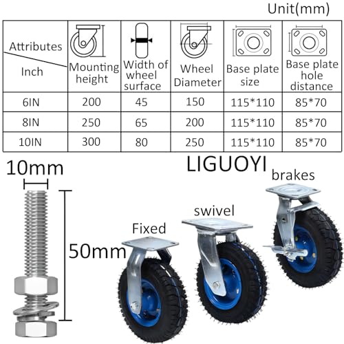 Mavvilo Set of 2 Heavy Duty Pneumatic Swivel Caster Wheels with Brake 6"/8"/10" Shock Absorbing Casters for Hand Truck Tool Cart and Garden Carts,10In-Fixed