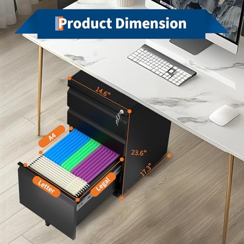 3-Drawer Mobile File Cabinet with Lock, Under Desk Lateral Filing Cabinet for Legal/Letter/A4, Adjustable Shelf, Easy Assembly, Office or Home Storage, Dark Black