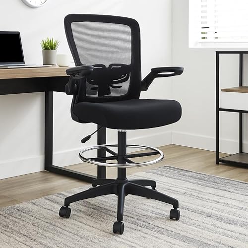 Benzara DEA Drafting Stool Chair, Flip-Up Arms, Black Mesh, Chrome Footring