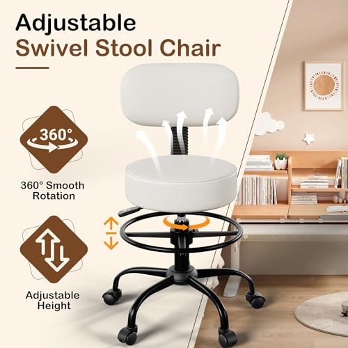 Anunweldo Drafting Chair with Back Support, Adjustable Foot Rest Rolling Stool, 360° Swivel Office Desk Chair with Wheels, Thick Seat Cushion for Home Bar Salon Tattoo Shop (2, White)