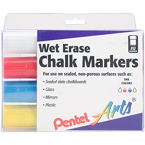 Pentel Arts Wet Erase Chalk Marker Set, Jumbo Tip, Assorted 4-Pk Plastic BOX (SMW56PC4M)