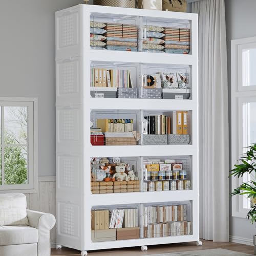 QAVAHIDUS 250Gal Stackable Storage Bins with Lid 5-Tier Collapsible Cabinet Closet Organizer Box with Wheels, 1000QT Large Plastic Drawer Container with Doors for Clothes Kitchen Organizing, White