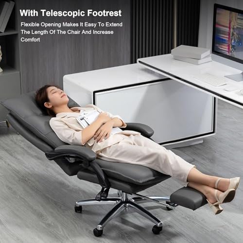 XMFBSY Genuine Leather Office Chair w/Retractable Footrest Ergonomic Fully Reclining Executive Computer Chair Comfort High-Back Swivel Boss Task Chair, Khaki