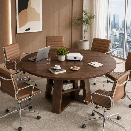 YunKiTech 43 59" Wooden Extendable Round Conference Table 4-6-8 People