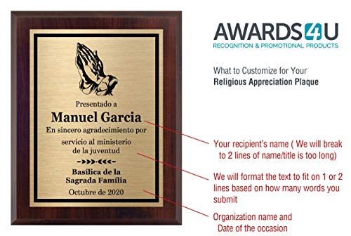 Personalized Español Religious Plaque 8x10, Customized Spanish Church Award, Recognition or Appreciation for Preacher, Pastor, Rabbi, Usher, Elder, Deacon, Congregation Member