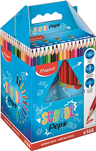 Maped - Color'Peps Coloured Pencils - Ergonomic Triangular Pencil in Bright Colours - Complies with Toy Regulations - School Set of 144 Wooden Pencils - 4 Pots