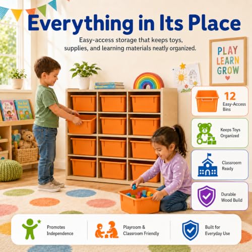 Contender 12 Compartment Kids Cube Locker Shelf with Orange Bins, Hardwood Montessori Shelves Organizers for Daycare, Nursery, Offices, Backpack Shelving Unit