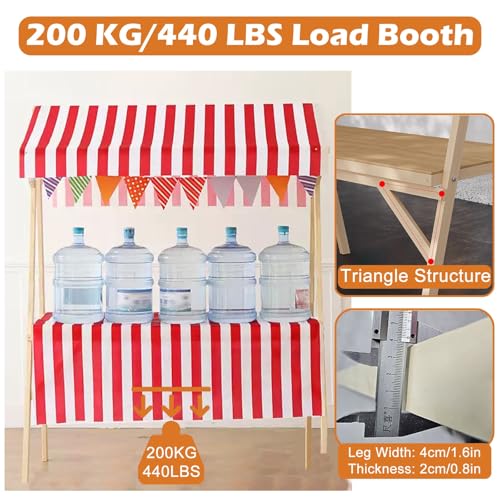 Foldable Market Stalls Display Stand with Canopy, Wooden Business Food Vendor Cart 6 Feet Tall for Street Sale Booth/Craft Show/Festivals Party Decoration(Red 1,Wide 47.2in)