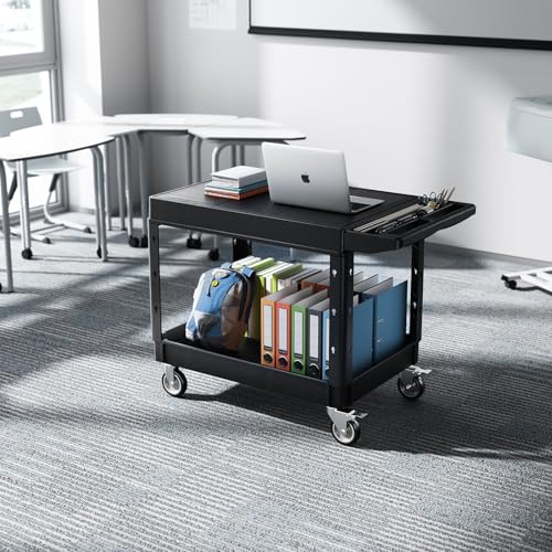 VEVOR Utility Cart, 550 lbs Load Capacity, 37 x 25.4-inch Service Cart, Two-Shelf Heavy Duty Plastic Utility Cart with 360° Swivel Wheels (2 with Brakes), Suitable for Warehouse, Garage, Cleaning
