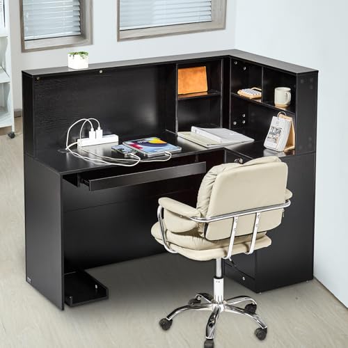 VEVOR Reception Desk, 55Inch L-Shaped Front Counter Table, Office Reception Counter with Drawer Keyboard Tray and Storage Cabinet, for Checkout, Lobby, Beauty Salon & Office, Black