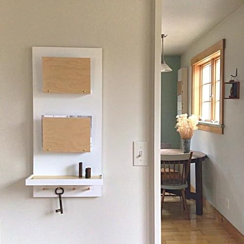 GHCUHJ Modern Wall Mounted Mail Organizer with Key Hook, White and Natural Wood Letter Holder, Vertical Hanging Storage Rack for Entryway Hallway Kitchen Office, 2-Tier Envelope Sorter with Shelf