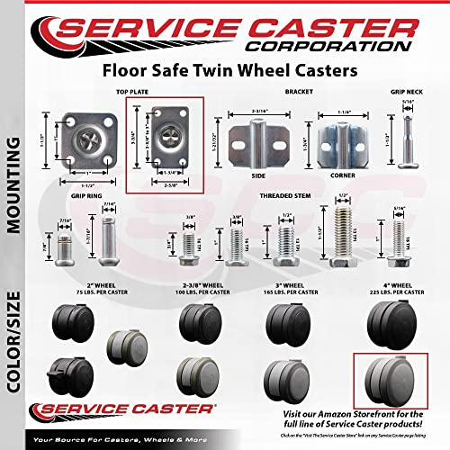 4 Inch Extra Large Heavy Duty Floor Safe Office Chair Wheels - Gray Non-Marking Twin Wheels - 2-5/8 Inch by 3-3/4 Inch Overall Top Plate - 1,125 lbs. Total Capacity - Set of 5 - Service Caster Brand