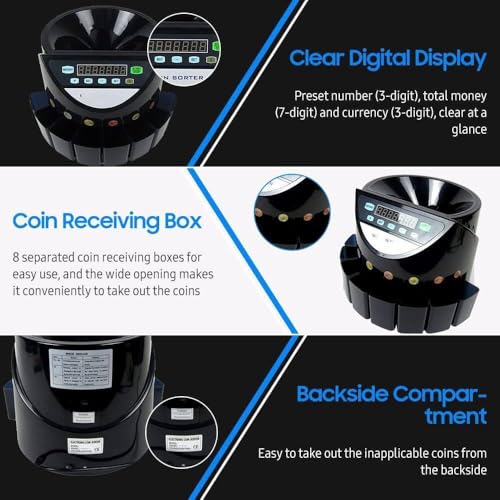 YXCUSAM Automatic Electronic Coin Counting Machine, Coin Counter,with LED Display,for All Round Coins & Tokens (Black)