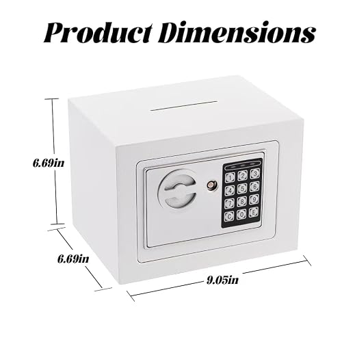 Small Safe Box With Digital Keypad & Keys - 9.05 x 6.7 x 6.7 Inches Wall Safe 0.23 Cuft Mini Security Lock for Coin Home Office Hotel Rooms Business Jewelry Gun (White)