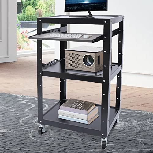 banborba Mobile Utility AV Cart, 4-Tier Rolling Presentation and Media Cart on Wheels, Rolling Projector Cart, Rolling Standing Desk Stand Up Desk with Height Adjustable Shelf & Pullout Keyboard Tray