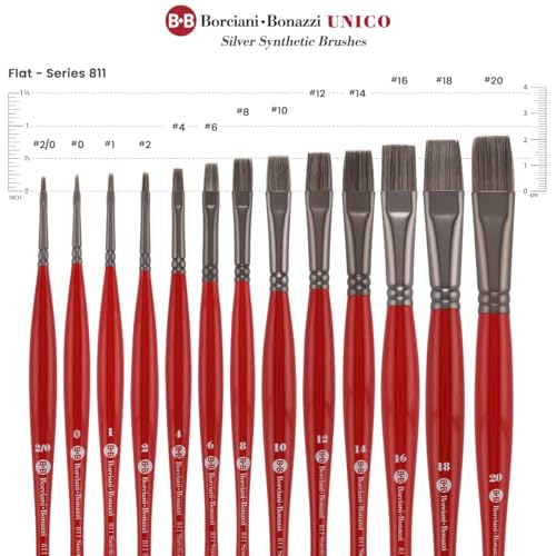 Borciani e Bonazzi Unico Silver Synthetic Series 811 Paint Brush, Flat 18 - Medium Handle Paintbrush Handcrafted in Italy, Cruelty-Free, Acrylic, Oil, Watercolor