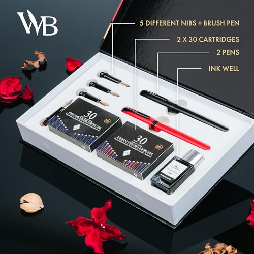 Wordsworth & Black Calligraphy Kit for Beginners, 2 Ink Pens, 5 Nibs, Black
