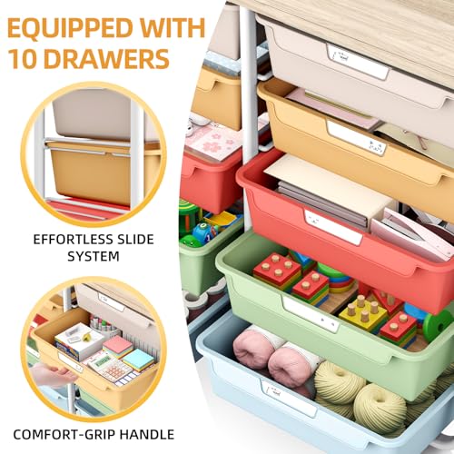 10 Drawer Rolling Storage Cart with Wood Top for Classroom Crafts Colorful