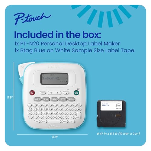 Brother P-Touch PT-N20 Personal Desktop Label Maker, Portable, Handheld and Prints, P-Touch Btag ~½” (12mm) Wide Color Personalized Label Tapes