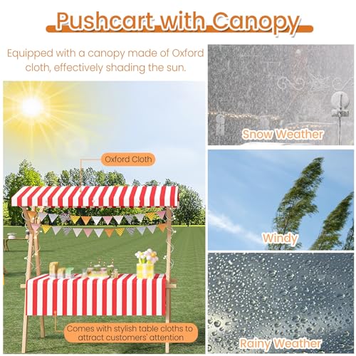 JYHHCYS Portable Food Cart with Striped Canopy, Heavy Duty Mobile Mobile Vendor Stand with Wheels, Commercial Wooden Market Display Stand for Selling Snacks/Sweets/Toys(Green,Small)