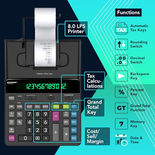 CATIGA 12 Digit Thermal Printing Calculator with Tape Print Out, Ink-Free Adding Machine, 5X Faster Quite at 8.0 LPS, Extra Large Fluorescent Display, Tax Calculation with Clock and Calendar, SP-2401