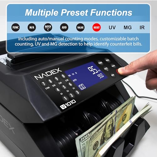 Nadex V1010 Bill Counter, Batching, Value Counting, Counterfeit Detection, 1000 Notes/Minute