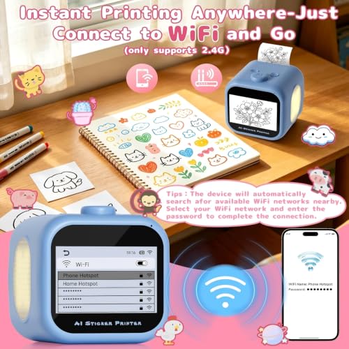 AI Touchscreen Sticker Printer Mini Inkless Thermal Printer Voice Control Instant Print WiFi Connect DIY Journal Notes for Teens Students Portable Educational Creative Christmas Birthday Gifts.