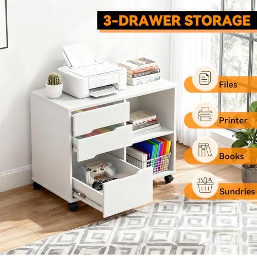 FDW 3 Drawer Lateral File Cabinet Mobile File Cabinet with Open Storage Shelves Office Printer Stand & Under-Desk Organizer with Wheels for Home Office,White