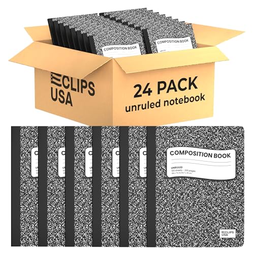 E-CLIPS USA Composition Notebooks, Unruled Composition Notebook, Hard Cover Marble Composition Notebook, 100 sheets, 9.75″ x 7.25″ (24)
