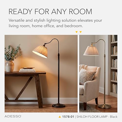 Adesso Floor Lamp, Black & Oatmeal, Pleated Shade, Curved Arm, 63”