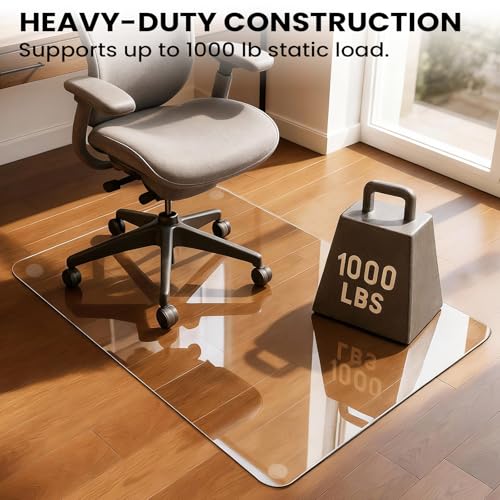 Yuzeyurun Tempered Glass Chair Mat, 55" x 46" Glass Office Chair Mat, 1/5" Thick Clear Floor Mat with Anti-Slip Pads, Heavy Duty Glass Mat for Carpeted and Hard Floor