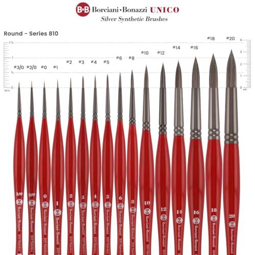 Borciani e Bonazzi Unico Silver Synthetic Series 810 Paint Brush, Round 16 - Medium Handle Paintbrush Handcrafted in Italy, Cruelty-Free, Acrylic, Oil, Watercolor