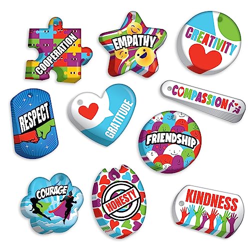 Brag Tags for Kindness and Good Behaviors Recognition, Encouragement & Growth for Young Students Value Pack: 250 Tags (25 Tags for Each Shape) + 75 USA-Made, 24” Hypoallergenic Aluminum Safety Chains.